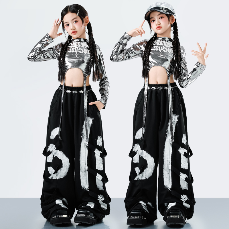 Korean Lifestyle - ชุดฮิปฮอปสไตล์ Y2K เกาหลีสำหรับเด็กผู้หญิง แฟชั่นแจ๊ส แร็ปเปอร์ ชุดแสดงบนเวทีสำหรับเด็ก